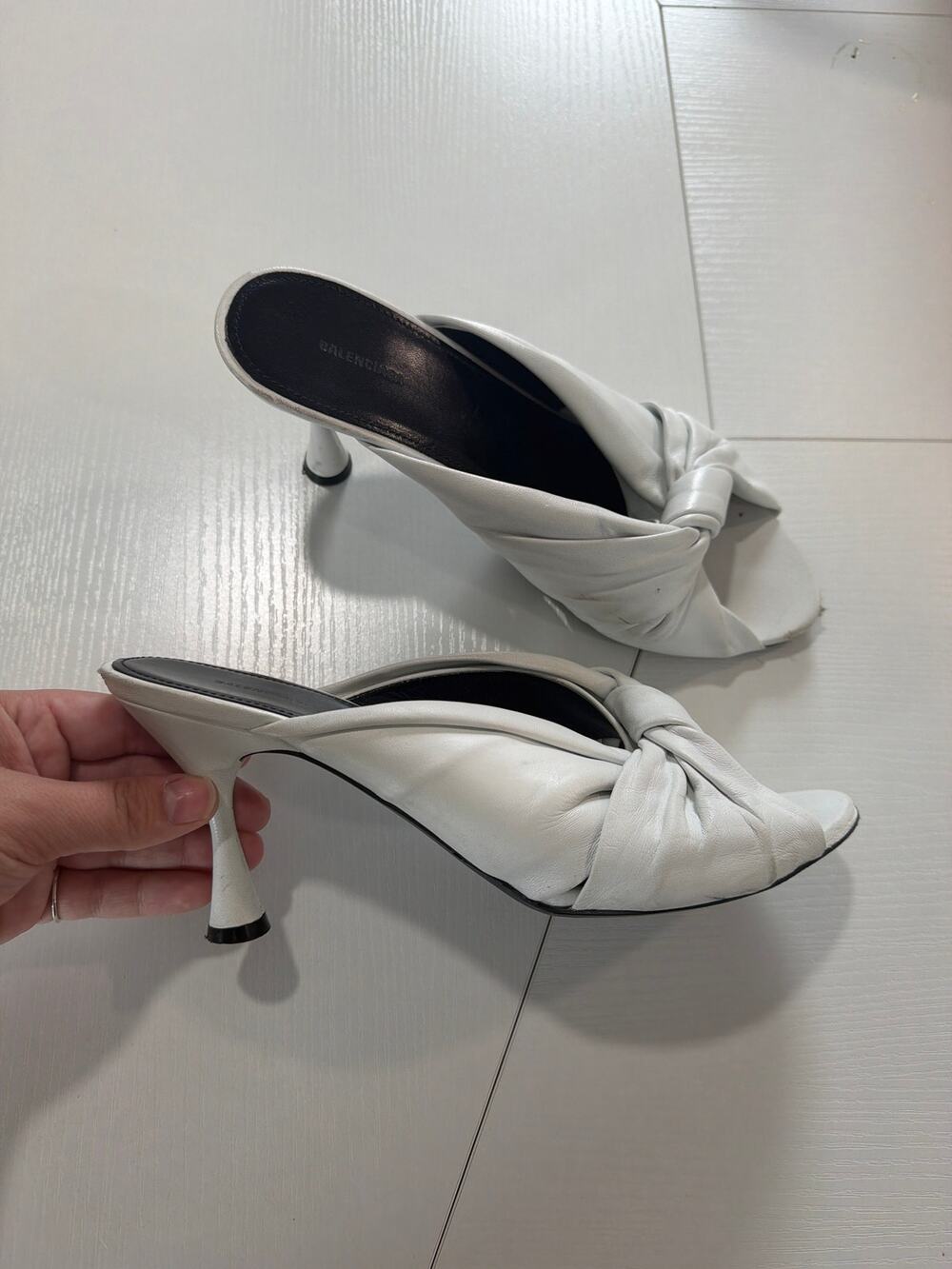 Balenciaga Drapy Mule Sandal Heels White Leather Size 39